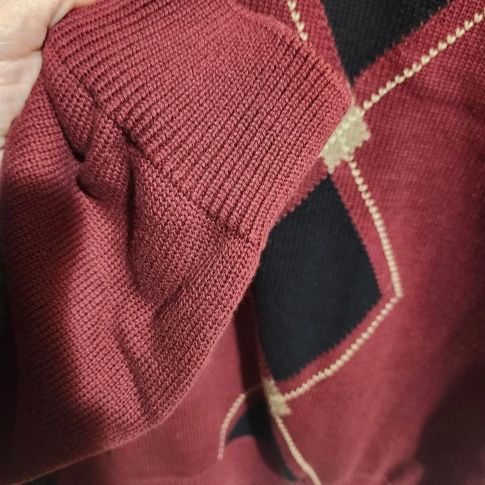 Tasso Elba Golf Sweater Mens XL Burgundy Argyle V-Neck Cotton Pullover Classic